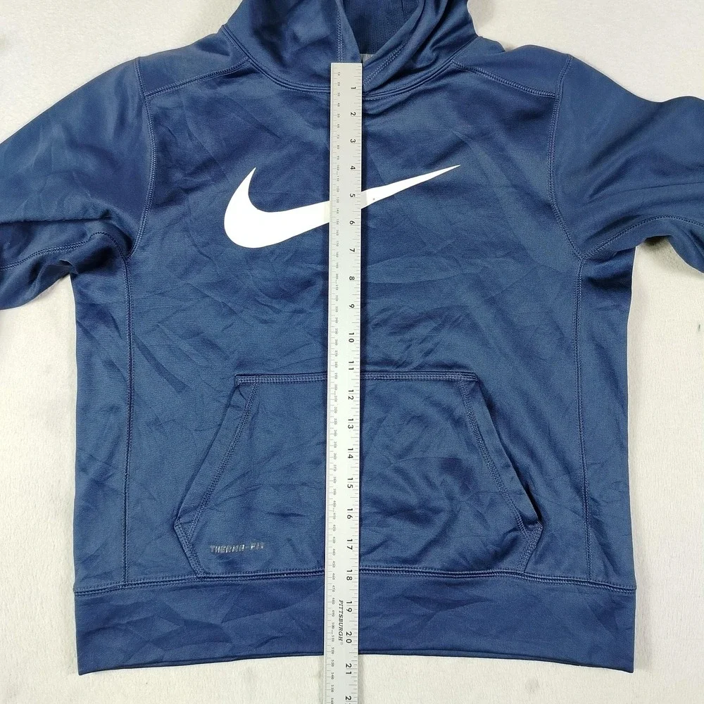 Nike Hoodie Sweatshirt Youth Large Blue Therma-FIT Pullover Swoosh Logo Fleece